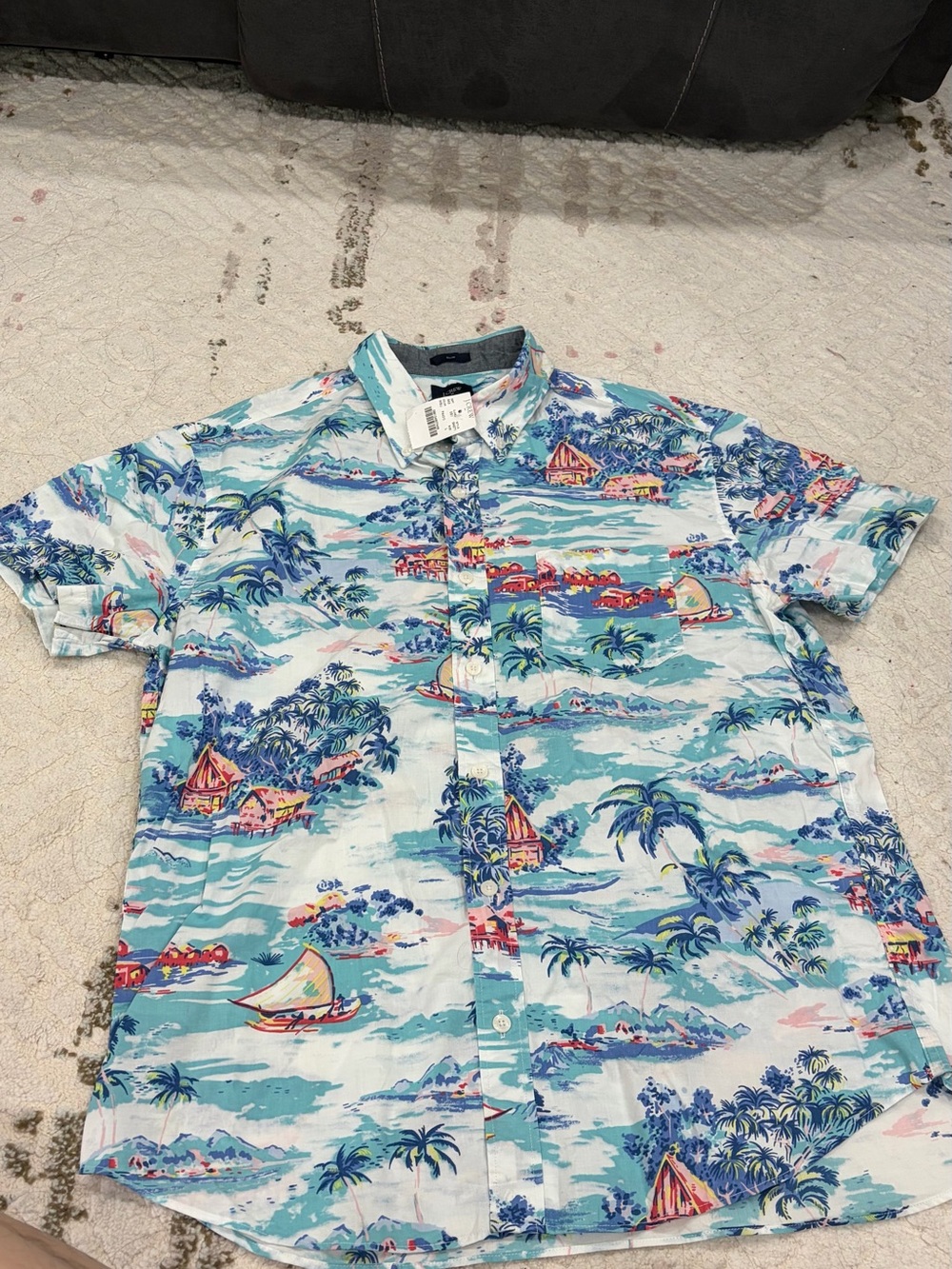 J. Crew Light Blue Tropical Print Button-Down Shirt with Navy and Coral Accents